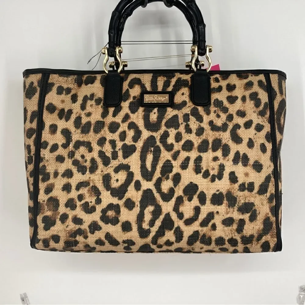 NWT Lilly Pulitzer Leopard Print Rattan Tote with Bamboo Handle